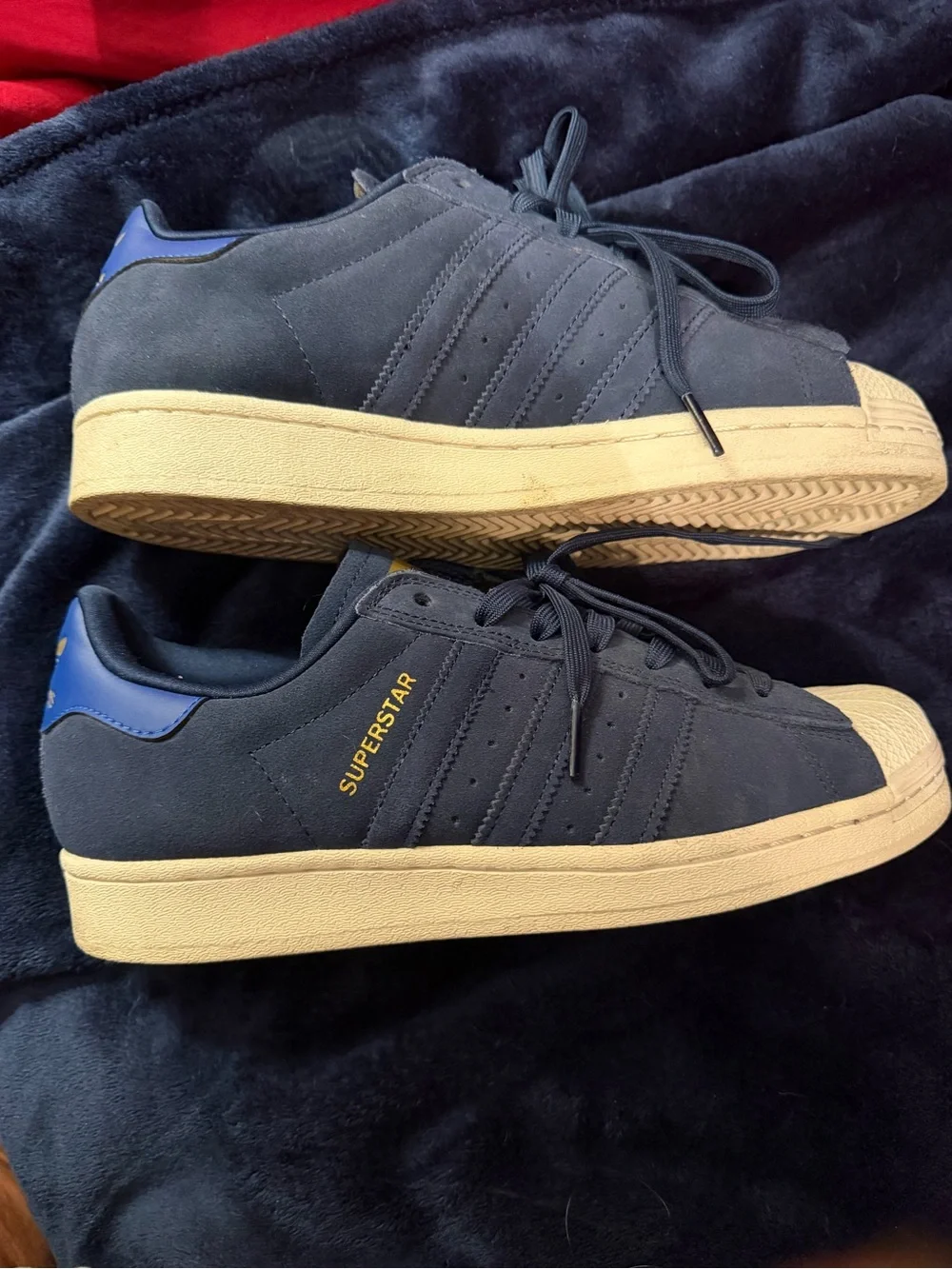 adidas Superstar Navy Blue and White Shell Toe Sneakers with Gold Logo (M7/W8)